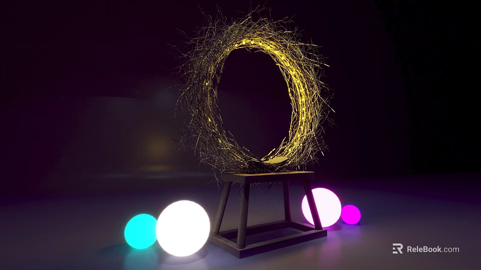 Twig Ring Installation On Black Tripod With Blue White Pink Spherical Lights Photo Spot 3d model 