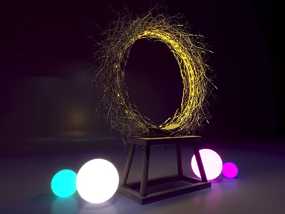 Twig Ring Installation On Black Tripod With Blue White Pink Spherical Lights Photo Spot 3d model