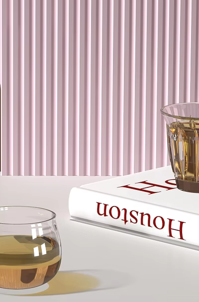 Glass Cups With Yellow Liquid On White Table Near Pink Striped Wall And Book 3d model