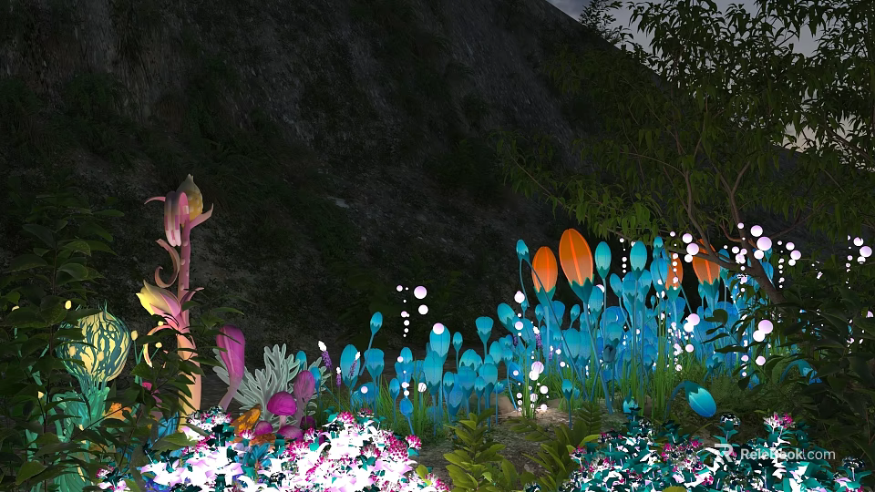 Colorful Night Plant Decorations With Blue Orange Pink Flowers Leaves Glowing Elements Mountain Wall Background 3d model 