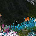 Colorful Night Plant Decorations With Blue Orange Pink Flowers Leaves Glowing Elements Mountain Wall Background