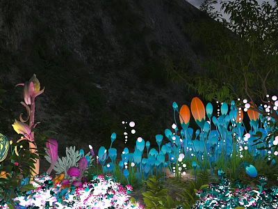 Colorful Night Plant Decorations With Blue Orange Pink Flowers Leaves Glowing Elements Mountain Wall Background 3d model