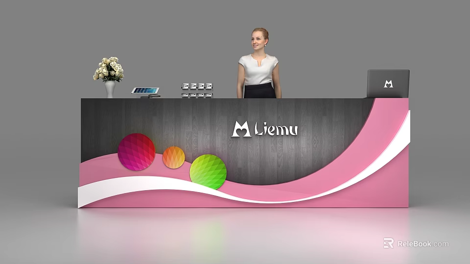 Modern Reception Desk With Gray Pink Design Colorful Spheres White Flower Vase M Lienu Logo 3d model 