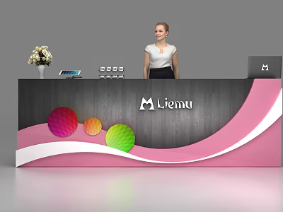 Modern Reception Desk With Gray Pink Design Colorful Spheres White Flower Vase M Lienu Logo 3d model