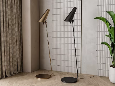 Modern Metallic Floor Lamps in Gold and Black with Grid Pattern Wall and Green Plant 3d model