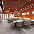 Hotpot Restaurant Interior Design With Orange Decor Open Layout Tables And Menu Posters
