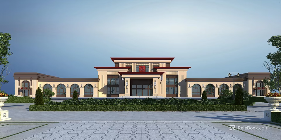 Traditional Chinese Style Building With Red Roof Yellow Facade Arch Windows And Front Square 3d model 
