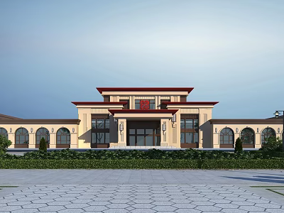 Traditional Chinese Style Building With Red Roof Yellow Facade Arch Windows And Front Square 3d model