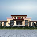 Traditional Chinese Style Building With Red Roof Yellow Facade Arch Windows And Front Square