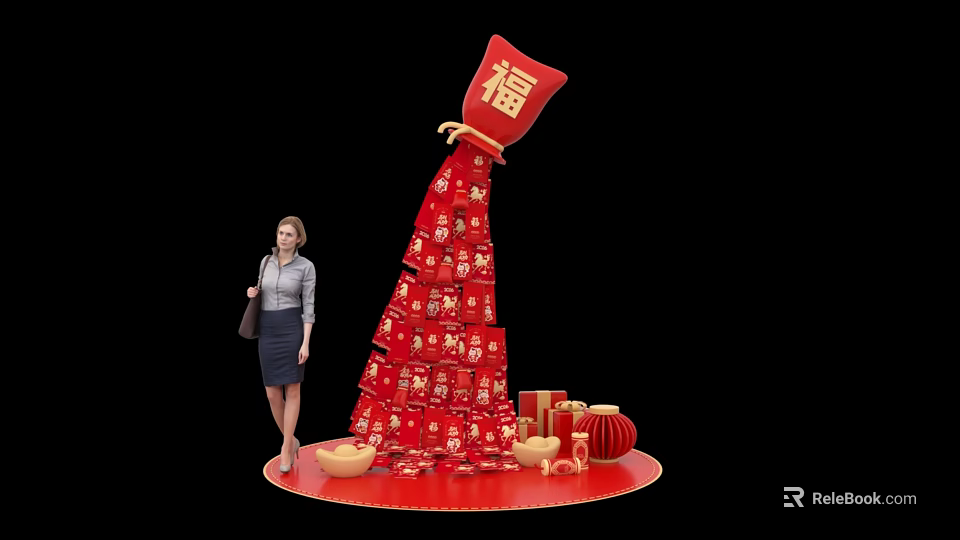 Chinese New Year Photo Check in Spot With Red Fortune Bag Golden Ingots 3d model 