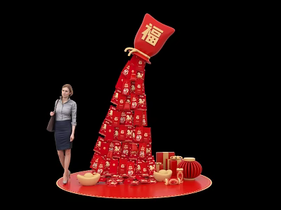Chinese New Year Photo Check in Spot With Red Fortune Bag Golden Ingots 3d model
