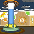 Vibrant Kindergarten Interior Featuring Blue Column Green Circular Sofa Yellow Cushions Sun Decorations And Sunflowers