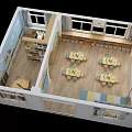 Modern Kindergarten Classroom With Wooden Ceiling Round Lights Tables Chairs Bookshelves And Toys