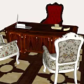 Wooden Office Desk With Laptop Phone Red Chair And Patterned Seats On Geometric Floor