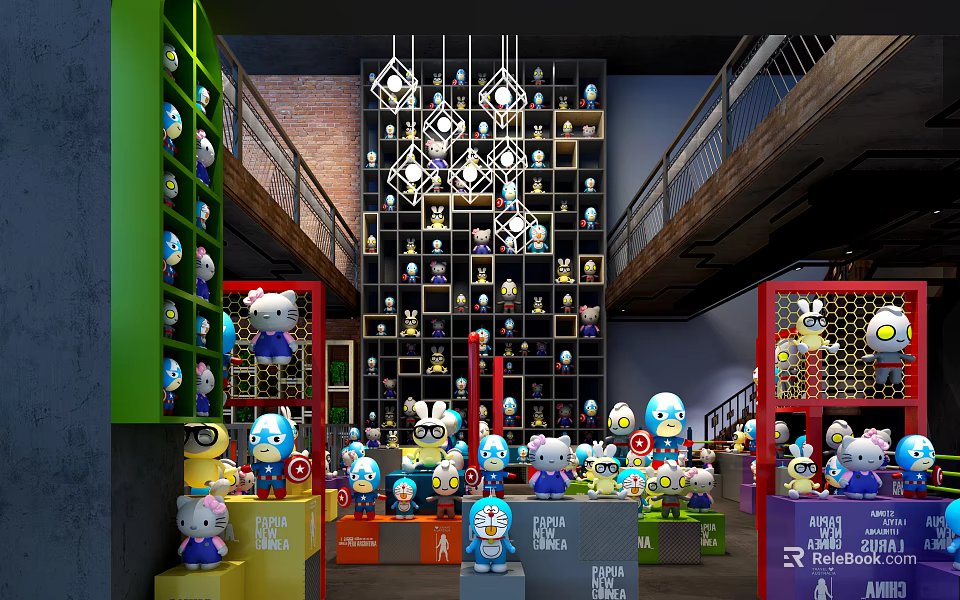 Colorful Toy Store in Mall with Various Figurines Display on Shelves and Decorative Chandeliers 3d model 