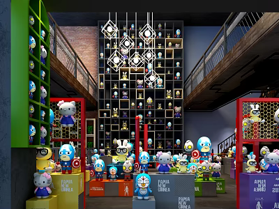 Colorful Toy Store in Mall with Various Figurines Display on Shelves and Decorative Chandeliers 3d model