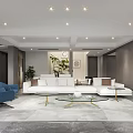 Modern Living Room Interior With White Sectional Sofa Blue Accent Chairs And Glass Coffee Tables