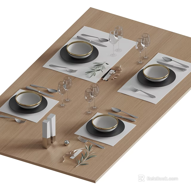 Elegant Dining Tableware Set With Plates Bowls Cutlery Glasses And Decorations 3d model 