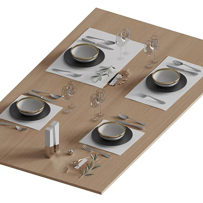 Elegant Dining Tableware Set With Plates Bowls Cutlery Glasses And Decorations 3d model