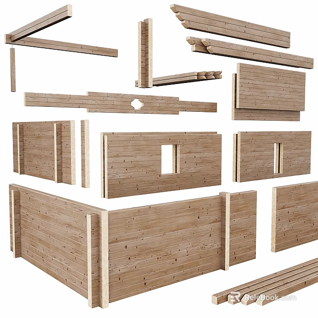 Wooden Building Components Including Planks Panels With Holes Window Openings And Frames 3d model 