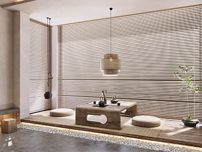Serene Tea Room Interior With Wooden Blinds Tatami Low Table Cushions Hanging Lamp And Plant 3d model