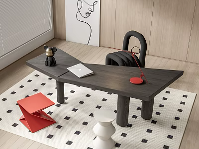Modern Dark Wood Desk with Laptop Red Headphones Black Bear Decoration and Checkered Rug 3d model