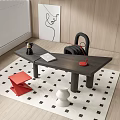 Modern Dark Wood Desk with Laptop Red Headphones Black Bear Decoration and Checkered Rug