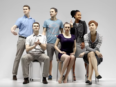 Group People Standing and Sitting in Various Poses with Gray Background and Different Clothing 3d model