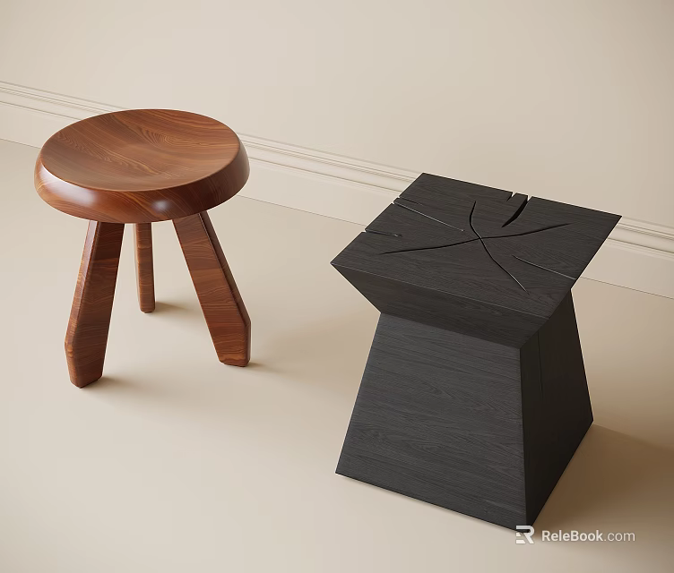 Modern Wooden Round Seat Three Legs and Black Square Geometric Tapered Design Stools 3d model 