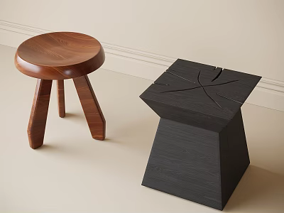 Modern Wooden Round Seat Three Legs and Black Square Geometric Tapered Design Stools 3d model