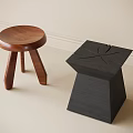 Modern Wooden Round Seat Three Legs and Black Square Geometric Tapered Design Stools