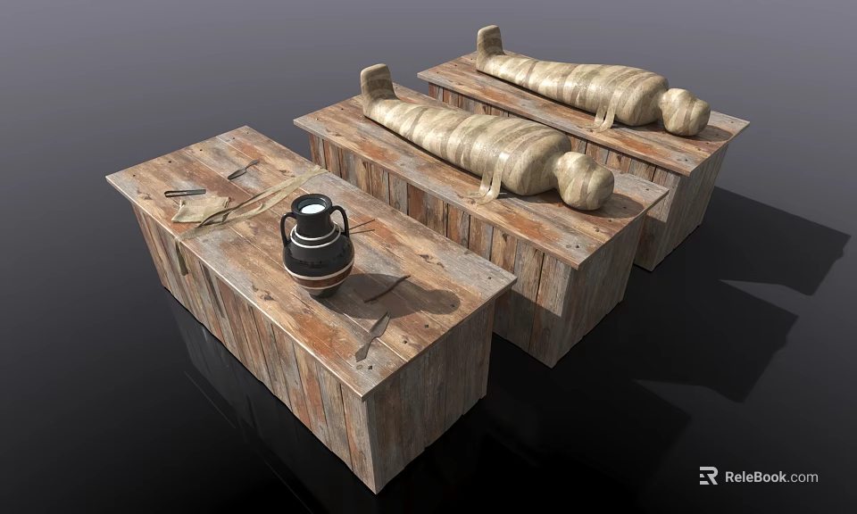 Rustic Wooden Table and Chair Set with Mummy Wrappings Black Lantern and Tools 3d model 
