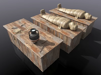 Rustic Wooden Table and Chair Set with Mummy Wrappings Black Lantern and Tools 3d model