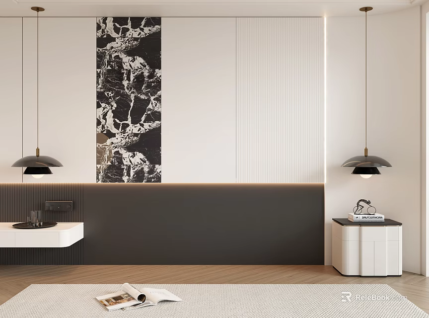 Modern Bedroom Bed Background Wall With Decorative Painting And Black Hanging Lamps 3d model 