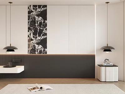 Modern Bedroom Bed Background Wall With Decorative Painting And Black Hanging Lamps 3d model