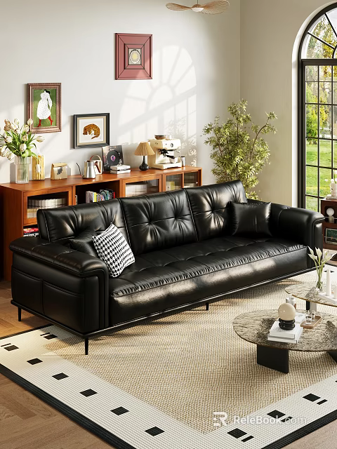 Black Leather Three Seater Sofa With Black And White Checkered Cushion In Bright Living Room 3d model 