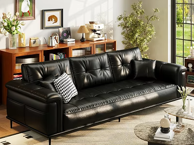 Black Leather Three Seater Sofa With Black And White Checkered Cushion In Bright Living Room 3d model