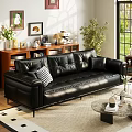 Black Leather Three Seater Sofa With Black And White Checkered Cushion In Bright Living Room