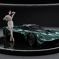 Green Sports Car Displayed on Circular Platform with Elegant Woman in Modern Exhibition Hall