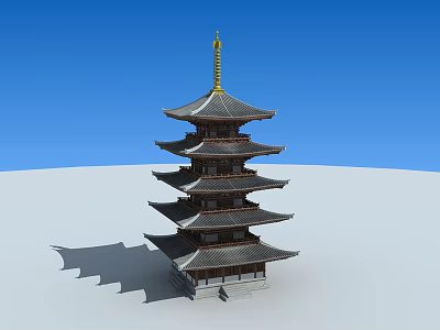 Traditional Multi Tiered Pagoda with Golden Spire and Curved Eaves against Blue Sky 3d model