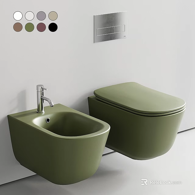 Olive Green Wall Mounted Toilet With Matching Sink And Color Options Near Wall Shelf 3d model 