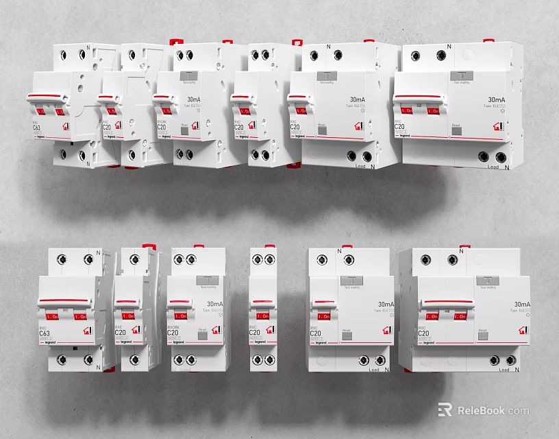 Multiple Types of White Electrical Switch Panels with Red Accents and Various Sizes 3d model 
