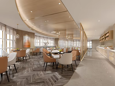 Modern Restaurant Interior With Wooden Ceiling Chandeliers Tables Chairs And Herringbone Flooring 3d model