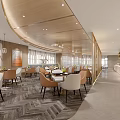 Modern Restaurant Interior With Wooden Ceiling Chandeliers Tables Chairs And Herringbone Flooring