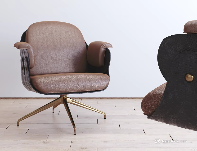 Modern Brown Leather Lounge Chair With Armrests And Gold Metal Legs On Wooden Floor 3d model 
