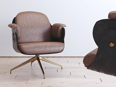 Modern Brown Leather Lounge Chair With Armrests And Gold Metal Legs On Wooden Floor 3d model