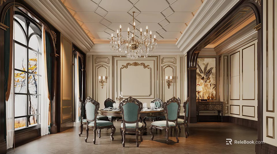 Luxurious Restaurant Interior With Crystal Chandelier Dining Table Ornate Chairs And Decorative Walls 3d model 
