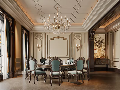 Luxurious Restaurant Interior With Crystal Chandelier Dining Table Ornate Chairs And Decorative Walls 3d model