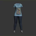 Blue V Neck T Shirt With Colorful Cartoon Graphic Design For Daily Wear