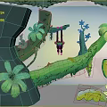 Cartoon Jungle Scene With Hanging Monkey Vines Green Leaves And Rock Formations